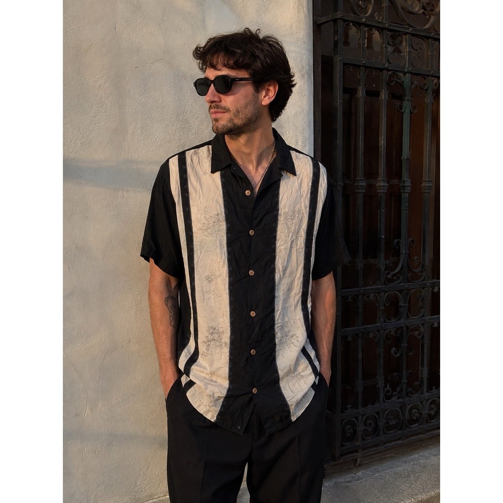 Island Shores Button Up Shirt Mens 2XLT Black Cream Palm Tree Embroidered Rayon